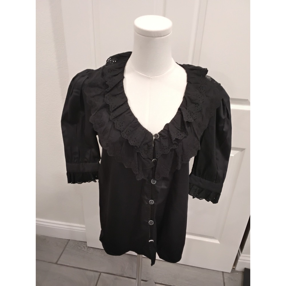 The Kooples Black Eyelet Lace Ruffle Collar Puff Sleeve Blouse Top NWT-S